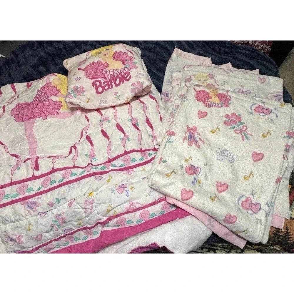 Vintage 1995 Barbie Ballerina Mattel Bedding Lot Comforter Pillow Sheet Pink